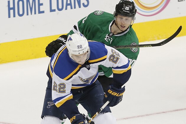 St. Louis Blues defenseman Kevin Shattenkirk (22) and Dallas Stars forward Cody Eakin (20) battle for the puck during the first period of an NHL hockey game Saturday, March 12, 2016, in Dallas. St. Louis won 5-4 in overtime. (AP Photo/Brandon Wade)