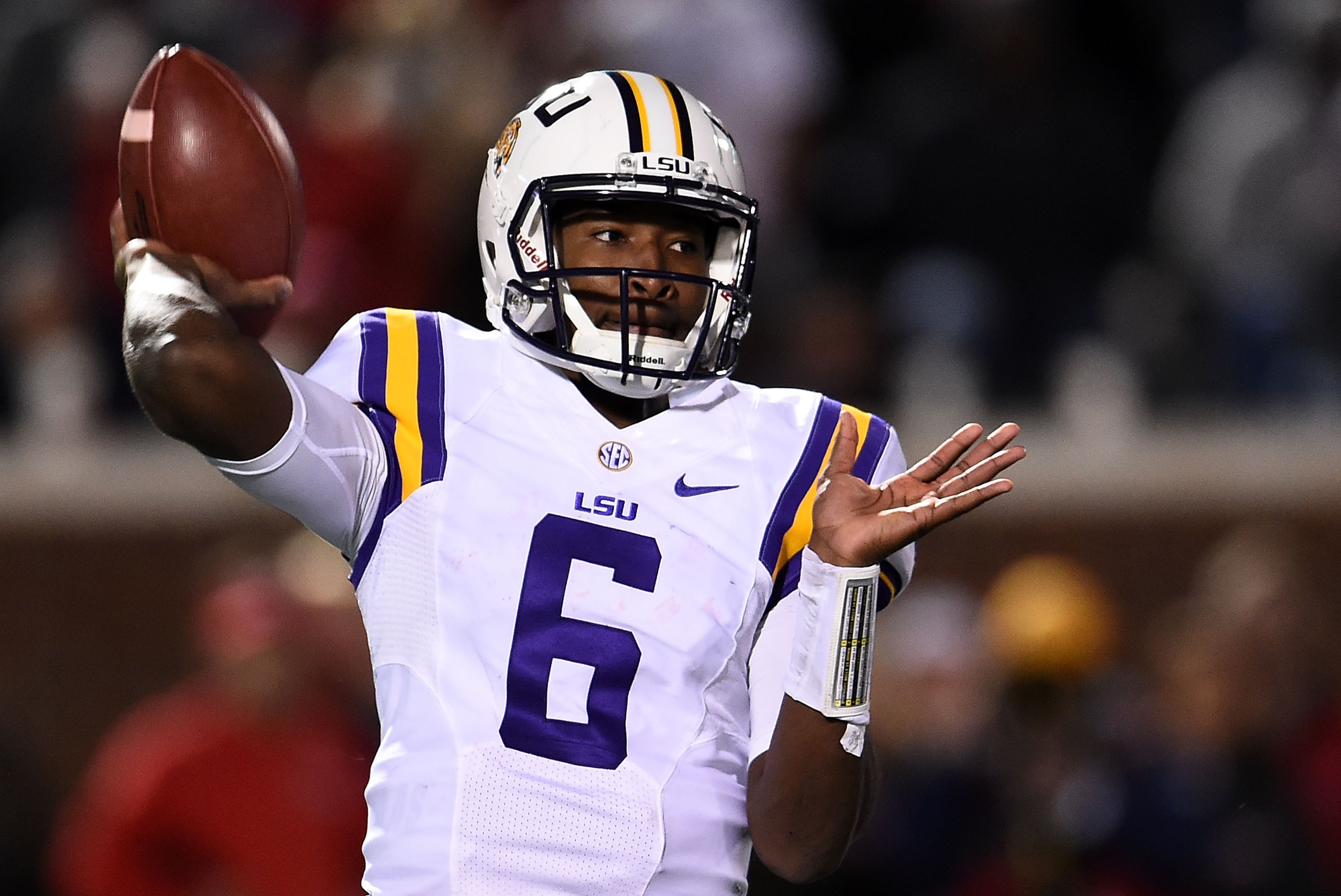 OXFORD, MS - NOVEMBER 21:  Brandon Harris #6 of the LSU Tigers looks to pass during a game against the Mississippi Rebels at Vaught-Hemingway Stadium on November 21, 2015 in Oxford, Mississippi.  (Photo by Stacy Revere/Getty Images)