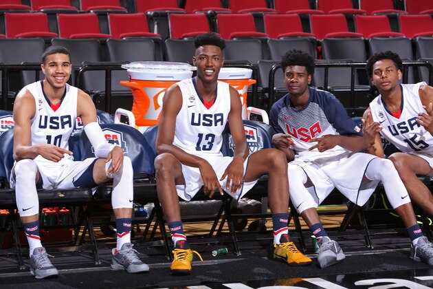 PORTLAND, OR - APRIL 9:  Jayson Tatum #10, Harry Giles #13, Josh Jackson #9 and Marques Bolden #15 of the USA Junior Select Team smile for a photo before the game against the World Select Team during the 2016 Nike Hoop Summit on April 9, 2016 at the MODA Center Arena in Portland, Oregon. NOTE TO USER: User expressly acknowledges and agrees that, by downloading and or using this photograph, User is consenting to the terms and conditions of the Getty Images License Agreement. Mandatory Copyright Notice: Copyright 2016 NBAE (Photo by Sam Forencich/NBAE via Getty Images)