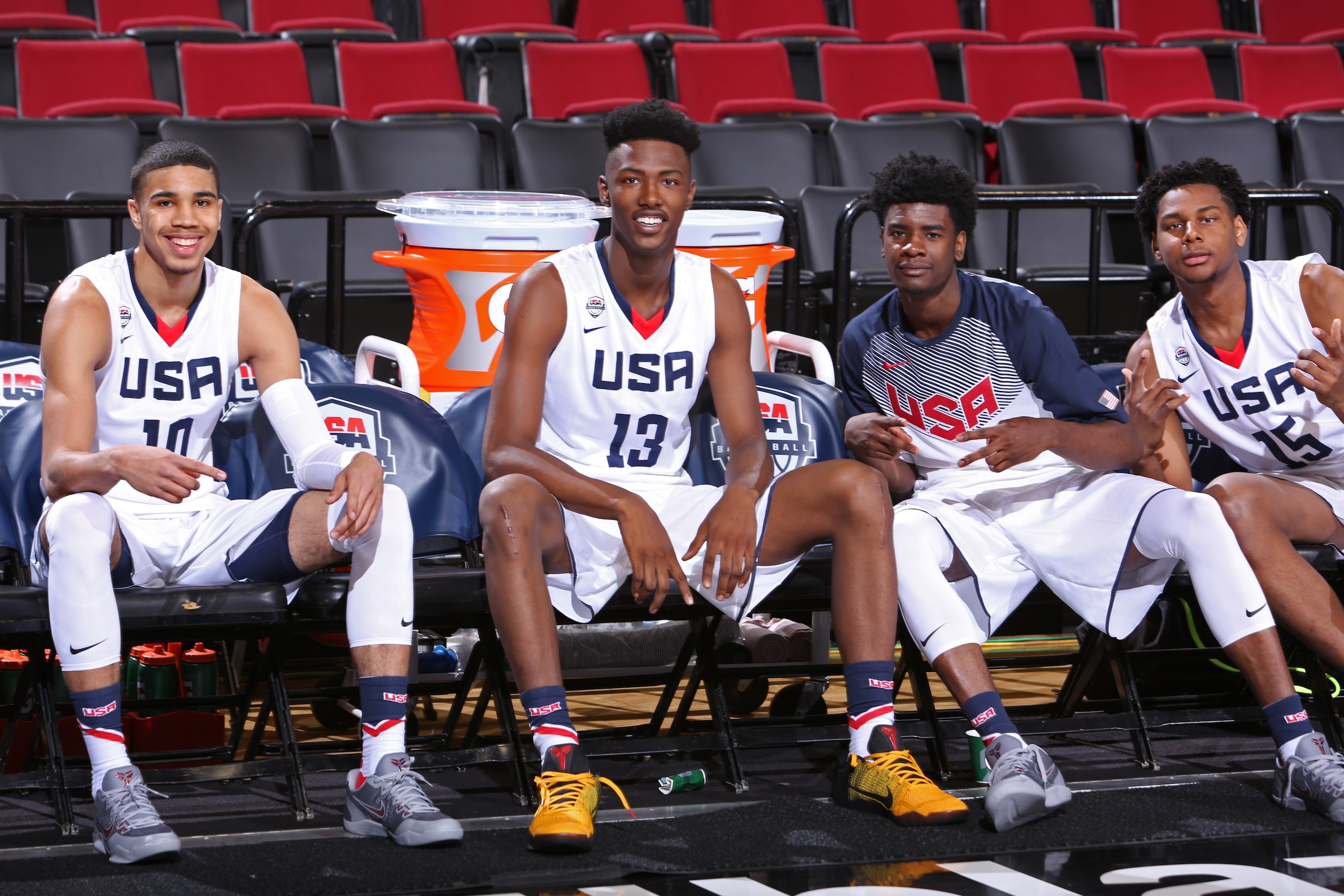 PORTLAND, OR - APRIL 9:  Jayson Tatum #10, Harry Giles #13, Josh Jackson #9 and Marques Bolden #15 of the USA Junior Select Team smile for a photo before the game against the World Select Team during the 2016 Nike Hoop Summit on April 9, 2016 at the MODA Center Arena in Portland, Oregon. NOTE TO USER: User expressly acknowledges and agrees that, by downloading and or using this photograph, User is consenting to the terms and conditions of the Getty Images License Agreement. Mandatory Copyright Notice: Copyright 2016 NBAE (Photo by Sam Forencich/NBAE via Getty Images)