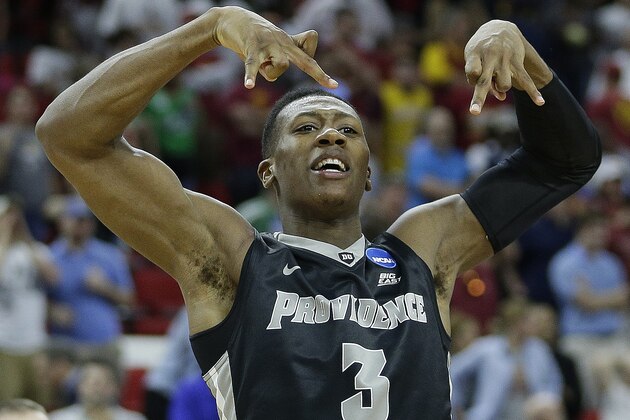 Providence guard Kris Dunn celebrates after the second half of a first-round men's college basketball game in the NCAA Tournament against Southern California, Friday, March 18, 2016, in Raleigh, N.C.  Providence won 70-69. (AP Photo/Chuck Burton)