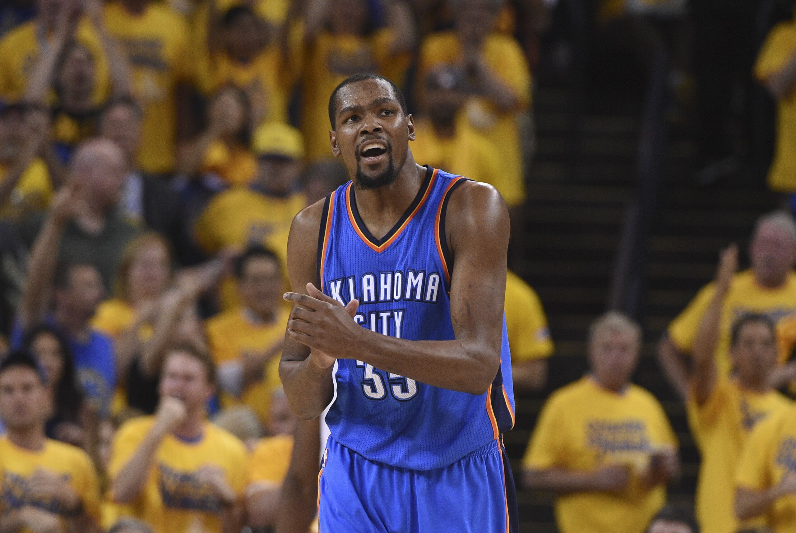 May 30, 2016; Oakland, CA, USA; Oklahoma City Thunder forward Kevin Durant (35) reacts during the second quarter in game seven of the Western conference finals of the NBA Playoffs against the Golden State Warriors at Oracle Arena. Mandatory Credit: Kyle Terada-USA TODAY Sports