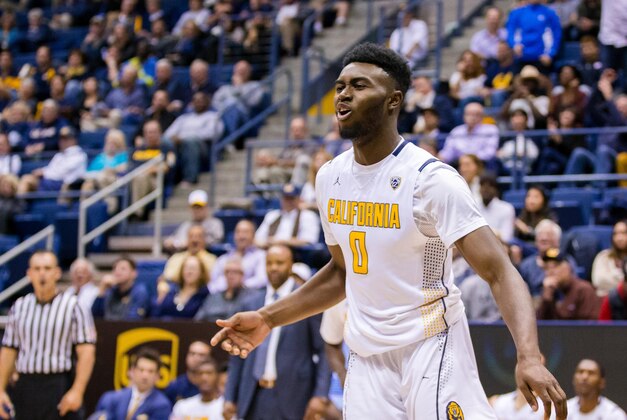 Nov 13, 2015; Berkeley, CA, USA;  California Golden Bears forward Jaylen Brown (0) reacts in the game against the Rice Owls in the 2nd period at Haas Pavilion. Mandatory Credit: John Hefti-USA TODAY Sports Cal won 97-65.