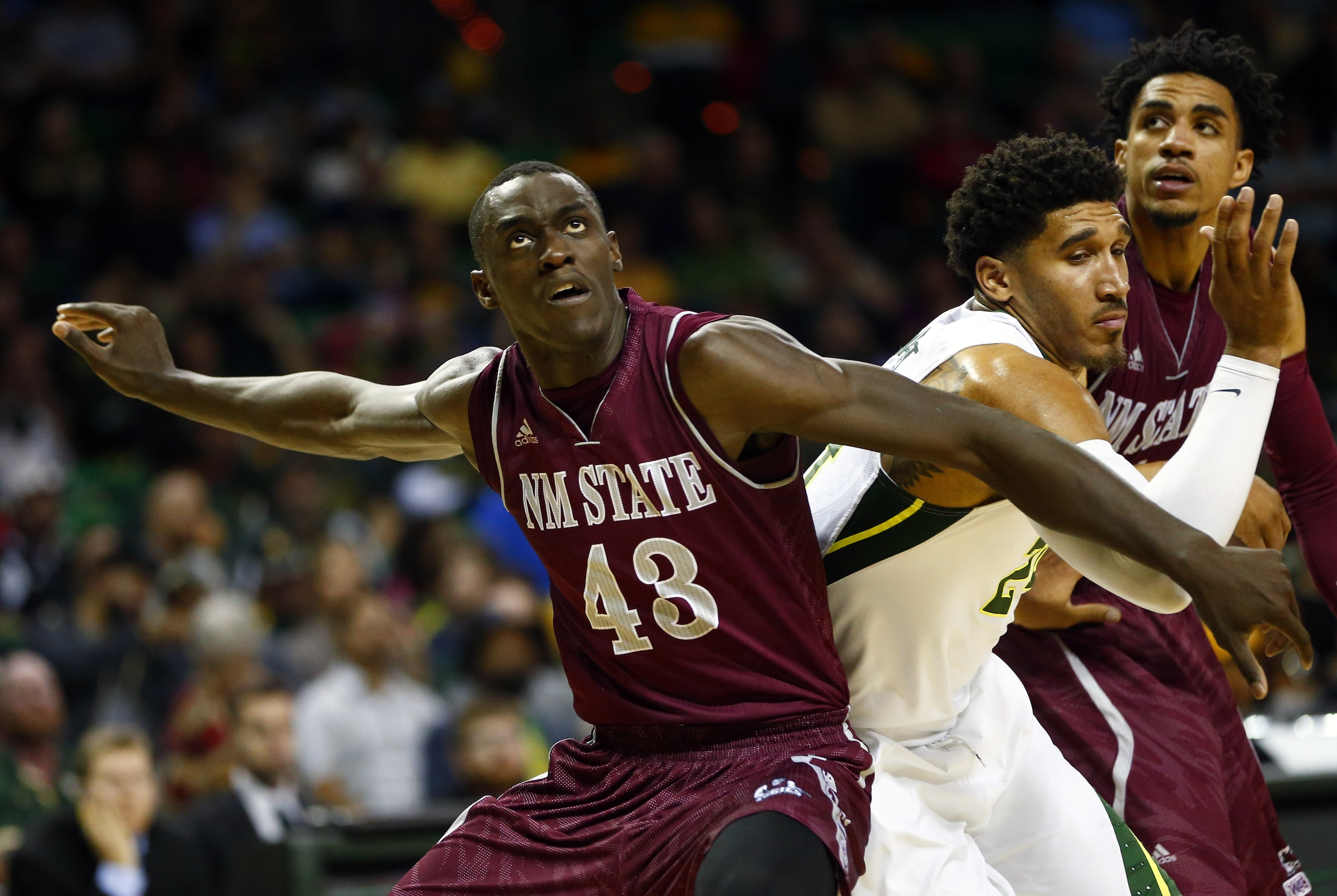 Dec 23, 2015; Waco, TX, USA; New Mexico State Aggies forward Pascal Siakam (43) blocks out Baylor Bears guard Ishmail Wainright (right) during the second half at Ferrell Center. Mandatory Credit: Kevin Jairaj-USA TODAY Sports