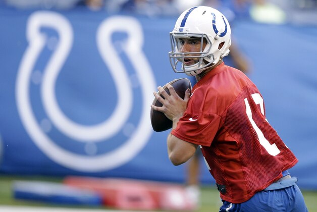 Indianapolis Colts' Andrew Luck runs a drill during an NFL football practice, Wednesday, June 8, 2016, in Indianapolis. (AP Photo/Darron Cummings)