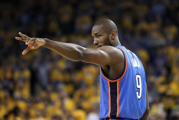 May 26, 2016; Oakland, CA, USA; Oklahoma City Thunder forward Serge Ibaka (9) stands on the court prior to the game against the Golden State Warriors in game five of the Western conference finals of the NBA Playoffs at Oracle Arena. Mandatory Credit: Cary Edmondson-USA TODAY Sports