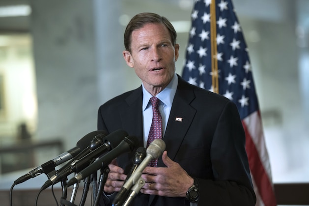Senate Judiciary Committee member Sen. Richard Blumenthal, D-Conn., speaks to members of media after his meeting with Judge Merrick Garland, President Barack Obama's choice to replace Antonin Scalia on the Supreme Court, on Capitol Hill in Washington, Thursday, April 7, 2016. (AP Photo/Sait Serkan Gurbuz)