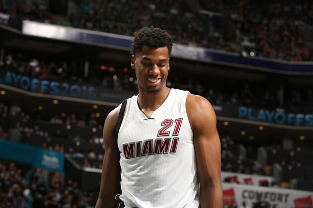 CHARLOTTE, NC  - APRIL 23: Hassan Whiteside #21 of the Miami Heat during Game Three of the Eastern Conference Quarterfinals during the 2016 NBA Playoffs against the Charlotte Hornets on April 23, 2016 at Time Warner Cable Arena in Charlotte, North Carolina. NOTE TO USER: User expressly acknowledges and agrees that, by downloading and or using this Photograph, user is consenting to the terms and conditions of the Getty Images License Agreement. Mandatory Copyright Notice: Copyright 2016 NBAE (Photo by Kent Smith/NBAE via Getty Images)