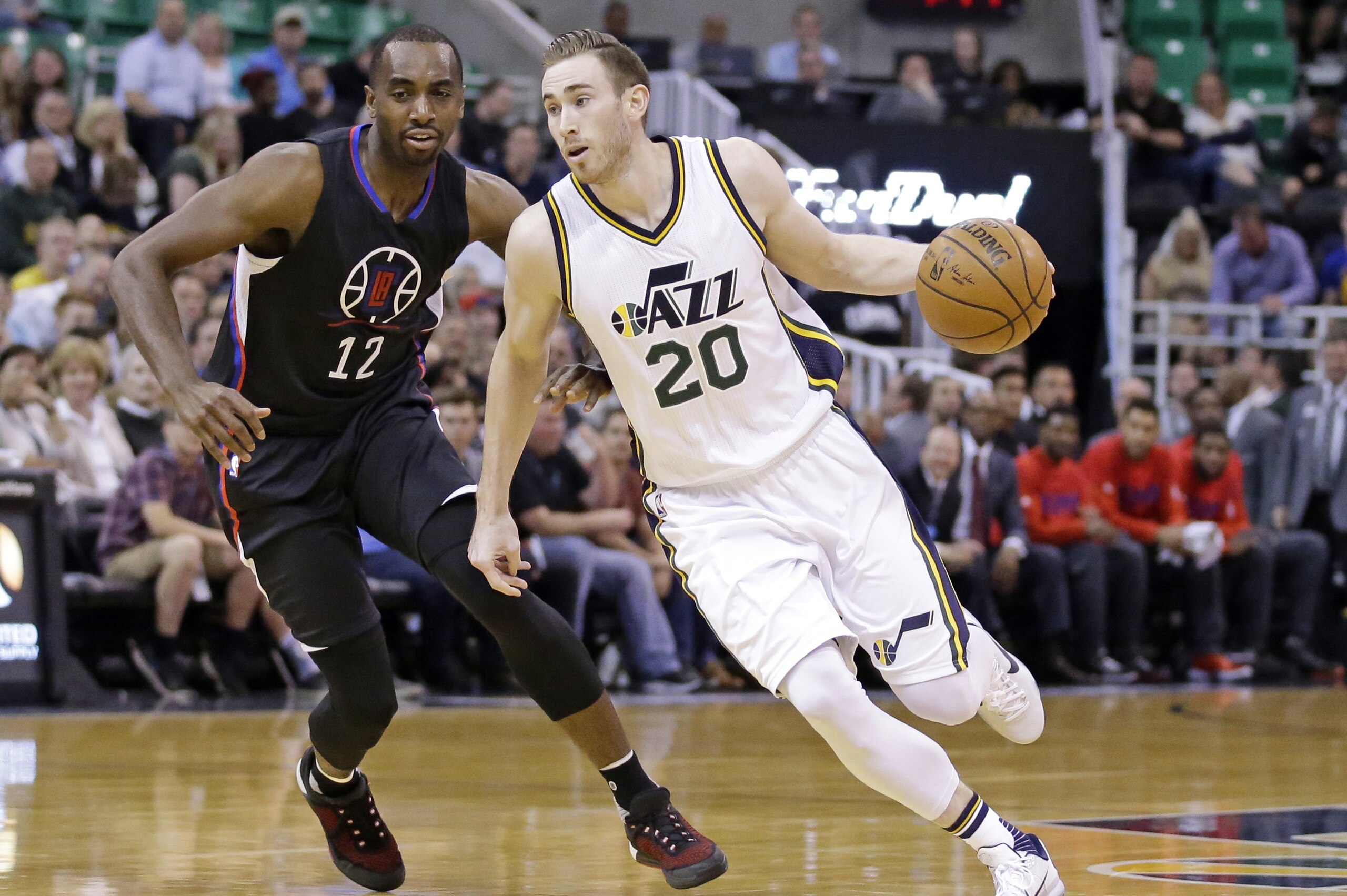 Utah Jazz forward Gordon Hayward (20) drives around Los Angeles Clippers forward Luc Richard Mbah a Moute (12) during the first quarter of an NBA basketball game Friday, April 8, 2016, in Salt Lake City. (AP Photo/Rick Bowmer) Utah Jazz forward Gordon Hayward (20) drives around Los Angeles Clippers forward Luc Richard Mbah a Moute (12) during the first quarter of an NBA basketball game Friday, April 8, 2016, in Salt Lake City. (AP Photo/Rick Bowmer)