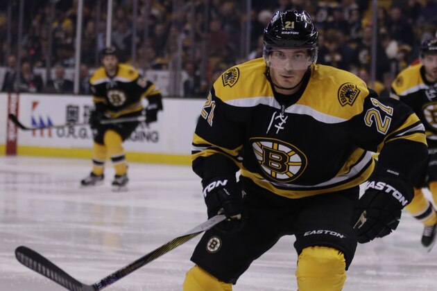 Boston Bruins left wing Loui Eriksson (21) during the second period of an NHL hockey game in Boston, Tuesday, April 5, 2016. (AP Photo/Charles Krupa)