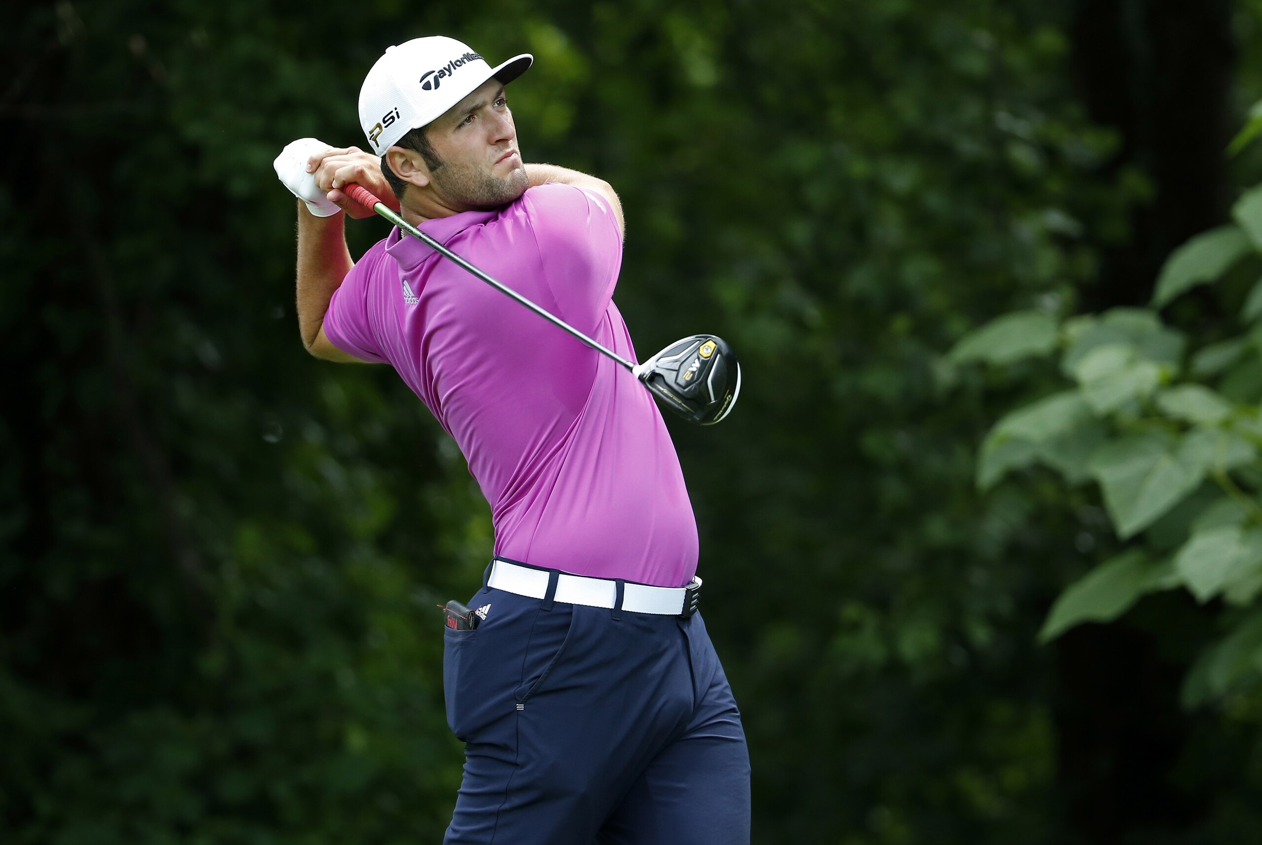 Jun 23, 2016; Bethesda, MD, USA; Jon Rahm of Spain hits his tee shot on the fourteenth hole during the first round of the Quicken Loans National golf tournament at Congressional Country Club - Blue Course. Mandatory Credit: Geoff Burke-USA TODAY Sports
