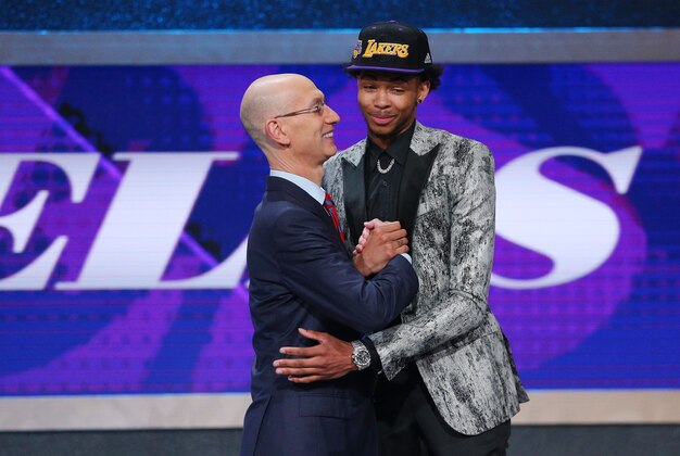 Jun 23, 2016; New York, NY, USA; Brandon Ingram (Duke) greets NBA commissioner Adam Silver after being selected as the number two overall pick to the Los Angeles Lakers in the first round of the 2016 NBA Draft at Barclays Center. Mandatory Credit: Brad Penner-USA TODAY Sports