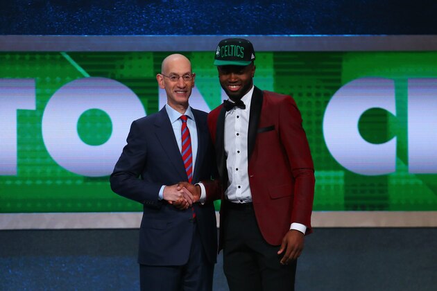 NEW YORK, NY - JUNE 23: Jaylen Brown poses with Commissioner Adam Silver after being drafted third overall by the Boston Celtics in the first round of the 2016 NBA Draft at the Barclays Center on June 23, 2016 in the Brooklyn borough of New York City. NOTE TO USER: User expressly acknowledges and agrees that, by downloading and or using this photograph, User is consenting to the terms and conditions of the Getty Images License Agreement.  (Photo by Mike Stobe/Getty Images)