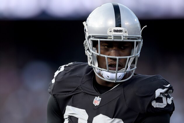 OAKLAND, CA - NOVEMBER 15:  Aldon Smith #99 of the Oakland Raiders looks on during a timeout against the Minnesota Vikings in the third quarter of their NFL football game at O.co Coliseum on November 15, 2015 in Oakland, California.  (Photo by Thearon W. Henderson/Getty Images)