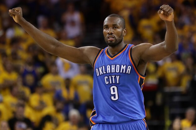 OAKLAND, CA - MAY 30:  Serge Ibaka #9 of the Oklahoma City Thunder reacts after a play in Game Seven of the Western Conference Finals against the Golden State Warriors during the 2016 NBA Playoffs at ORACLE Arena on May 30, 2016 in Oakland, California. NOTE TO USER: User expressly acknowledges and agrees that, by downloading and or using this photograph, User is consenting to the terms and conditions of the Getty Images License Agreement.  (Photo by Ezra Shaw/Getty Images)