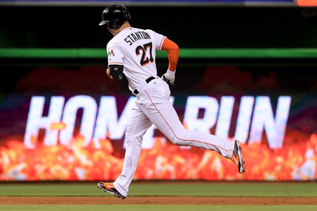 MIAMI, FL - JUNE 23: Giancarlo Stanton #27 of the Miami Marlins runs the bases after hitting a solo home run during the fourth inning of the game against the Chicago Cubs at Marlins Park on June 23, 2016 in Miami, Florida. (Photo by Rob Foldy/Getty Images)