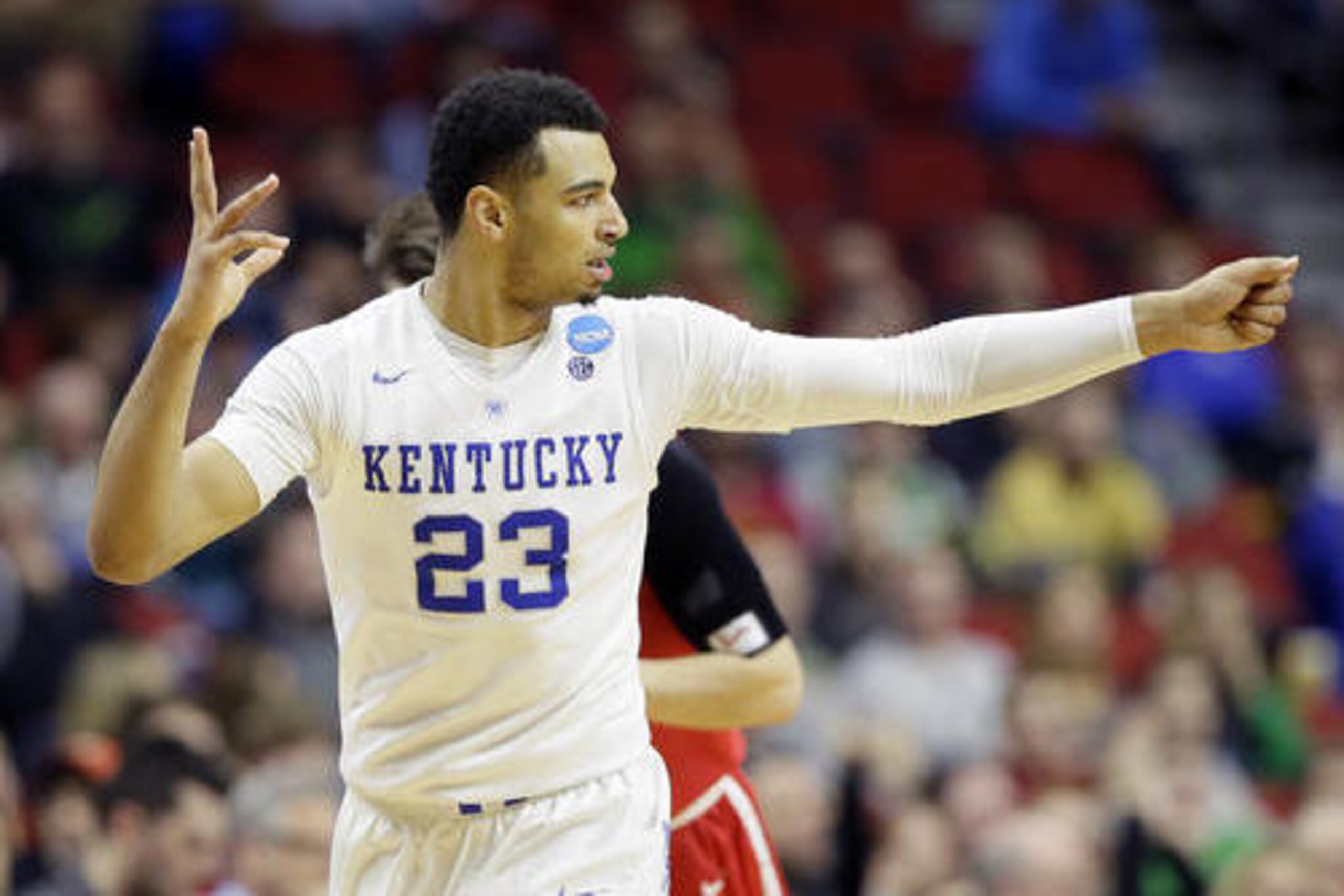 Kentucky guard Jamal Murray reacts after making a 3-point basket during the second half of a first-round men's college basketball game against Stony Brook in the NCAA Tournament, Thursday, March 17, 2016, in Des Moines, Iowa. Murray scored 19 points as Kentucky won 85-57. (AP Photo/Charlie Neibergall) Kentucky guard Jamal Murray reacts after making a 3-point basket during the second half of a first-round men's college basketball game against Stony Brook in the NCAA Tournament, Thursday, March 17, 2016, in Des Moines, Iowa. Murray scored 19 points as Kentucky won 85-57. (AP Photo/Charlie Neibergall)