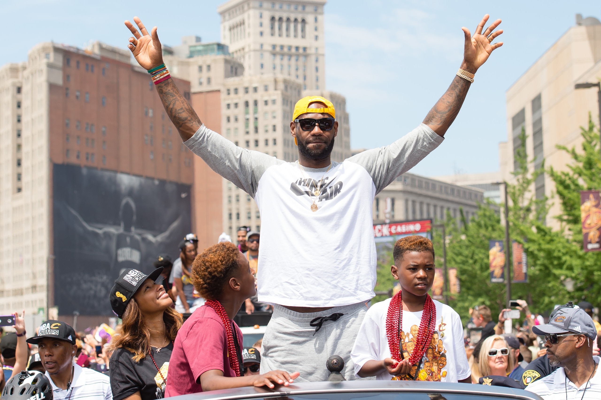 CLEVELAND, OH - JUNE 22: LeBron James #23 of the Cleveland Cavaliers celebrates during the Cleveland Cavaliers 2016 championship victory parade and rally on June 22, 2016 in Cleveland, Ohio. (Photo by Jason Miller/Getty Images) CLEVELAND, OH - JUNE 22: LeBron James #23 of the Cleveland Cavaliers celebrates during the Cleveland Cavaliers 2016 championship victory parade and rally on June 22, 2016 in Cleveland, Ohio. (Photo by Jason Miller/Getty Images)
