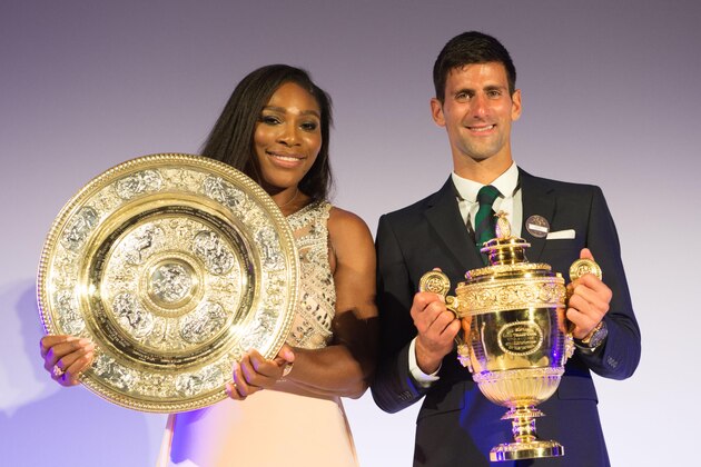 LONDON, ENGLAND - JULY 12:  (EDITORIAL USE ONLY - NO COMMERCIAL USEAGE)  Serena Williams of the United States and Novak Djokovic of Serbia pose on stage at the Champions Dinner at the Guild Hall on day thirteen of the Wimbledon Lawn Tennis Championships at the All England Lawn Tennis and Croquet Club on July 12, 2015 in London, England.  (Photo by Thomas Lovelock - AELTC Pool/Getty Images)