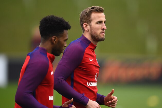 BURTON-UPON-TRENT, ENGLAND - MARCH 22: Harry Kane of England trains with Daniel Sturridge during England Training Session and Press Conference at St Georges Park on March 22, 2016 in Burton-upon-Trent, England.  (Photo by Laurence Griffiths/Getty Images)