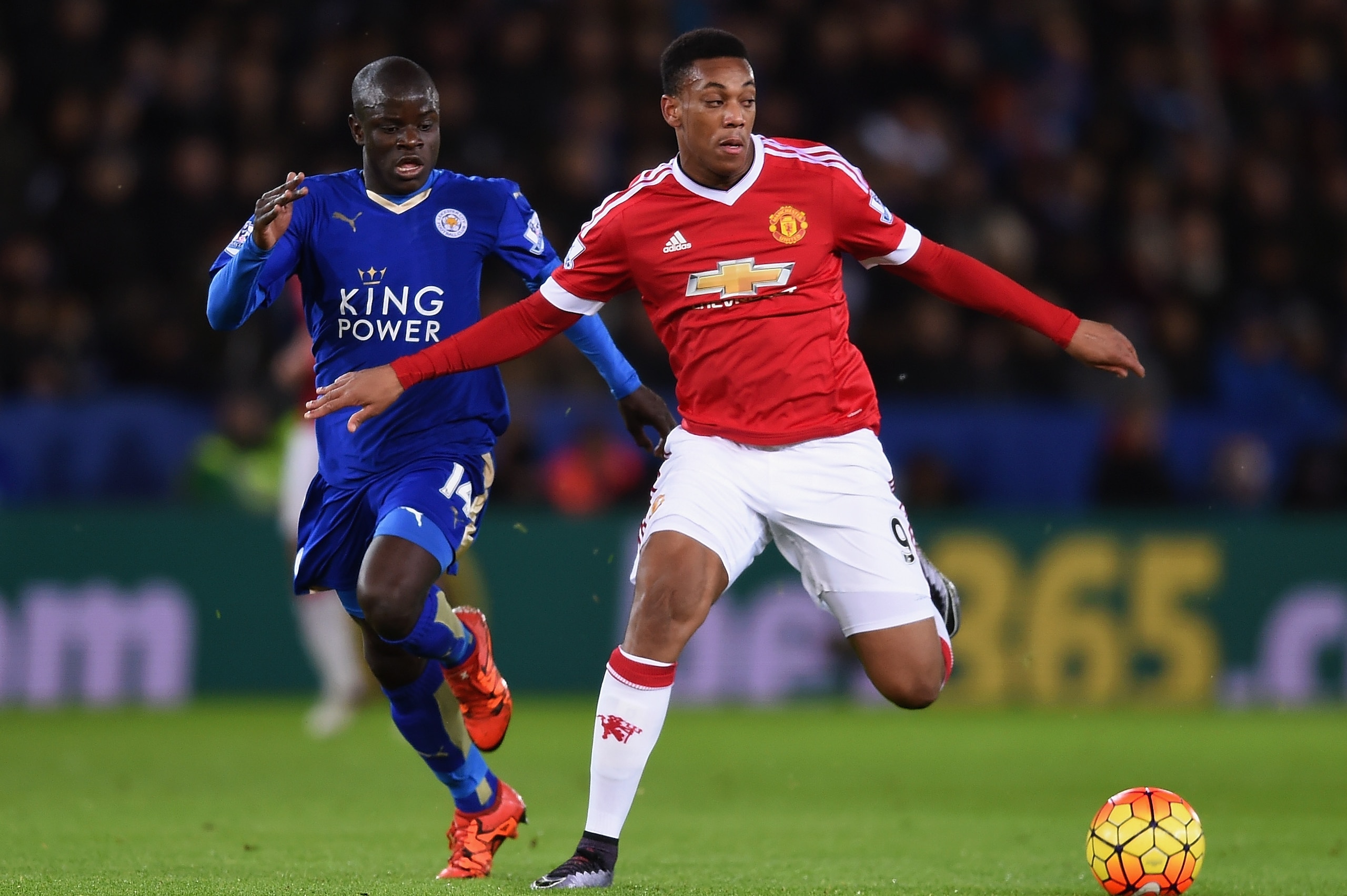 LEICESTER, ENGLAND - NOVEMBER 28: Anthony Martial of Manchester United and Ngolo Kante of Leicester City compete for the ball during the Barclays Premier League match between Leicester City and Manchester United at The King Power Stadium on November 28, 2015 in Leicester, England.  (Photo by Michael Regan/Getty Images)
