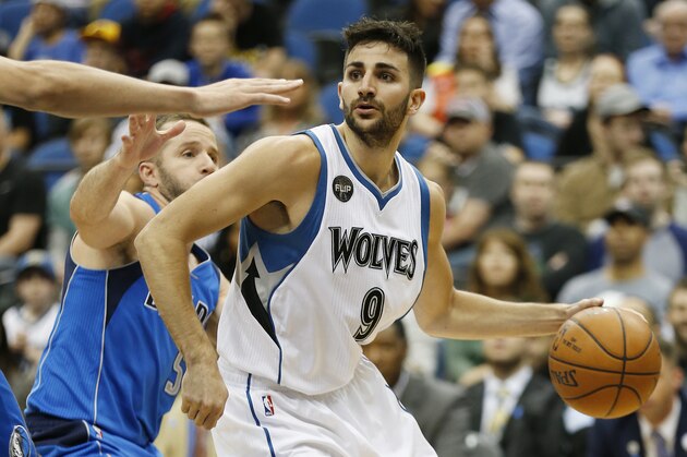 Minnesota Timberwolves guard Ricky Rubio (9) looks to pass the ball in the first half of an NBA basketball game against the Dallas Mavericks, Sunday, April 3, 2016, in Minneapolis. (AP Photo/Stacy Bengs)