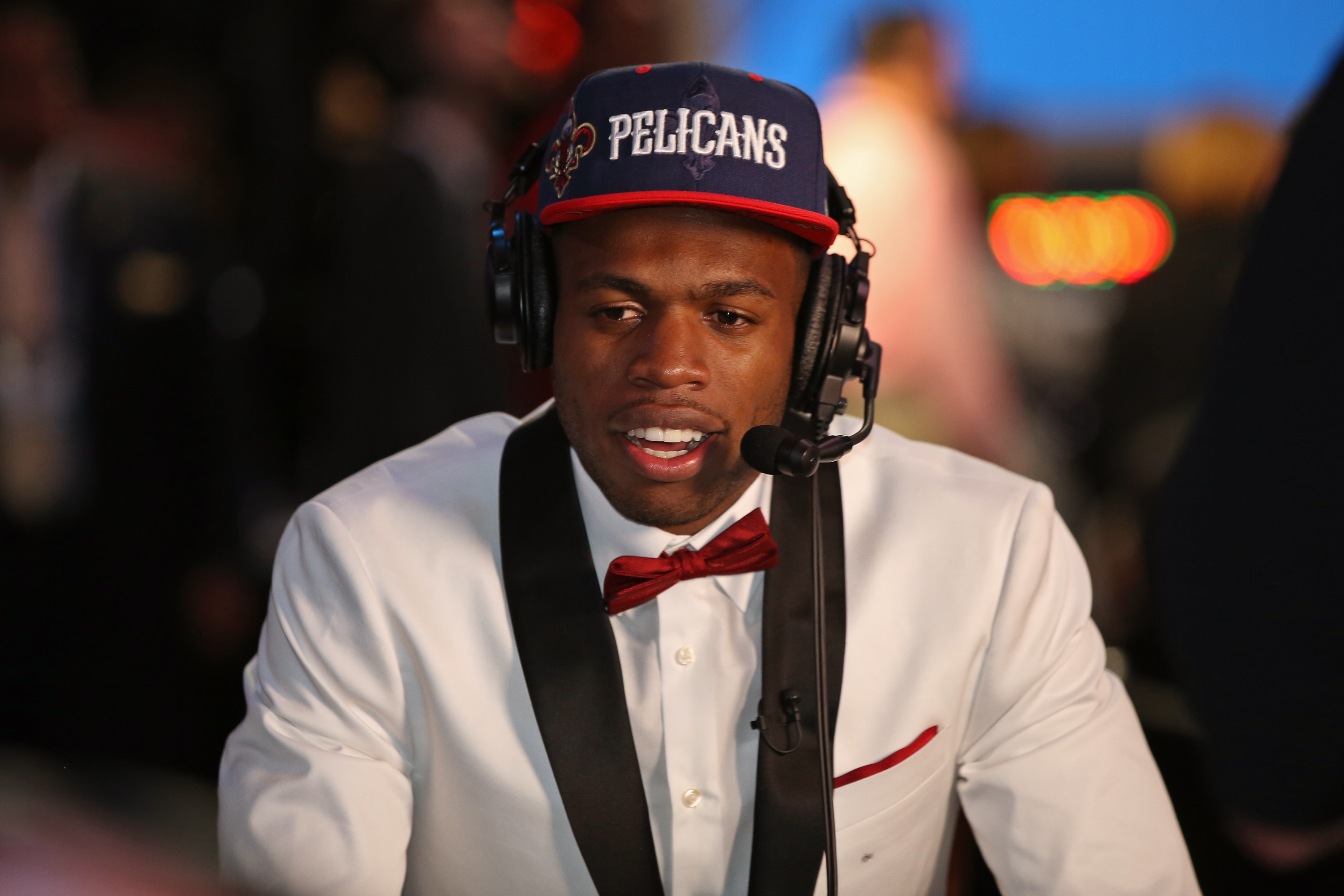 BROOKLYN, NY - JUNE 23:  Buddy Hield talks to the media after getting drafted number 6 overall by the New Orleans Pelicans during the 2016 NBA Draft on June 23, 2016 at Barclays Center in Brooklyn, New York. NOTE TO USER: User expressly acknowledges and agrees that, by downloading and or using this photograph, User is consenting to the terms and conditions of the Getty Images License Agreement. Mandatory Copyright Notice: Copyright 2016 NBAE (Photo by Michael J. LeBrecht II/NBAE via Getty Images)