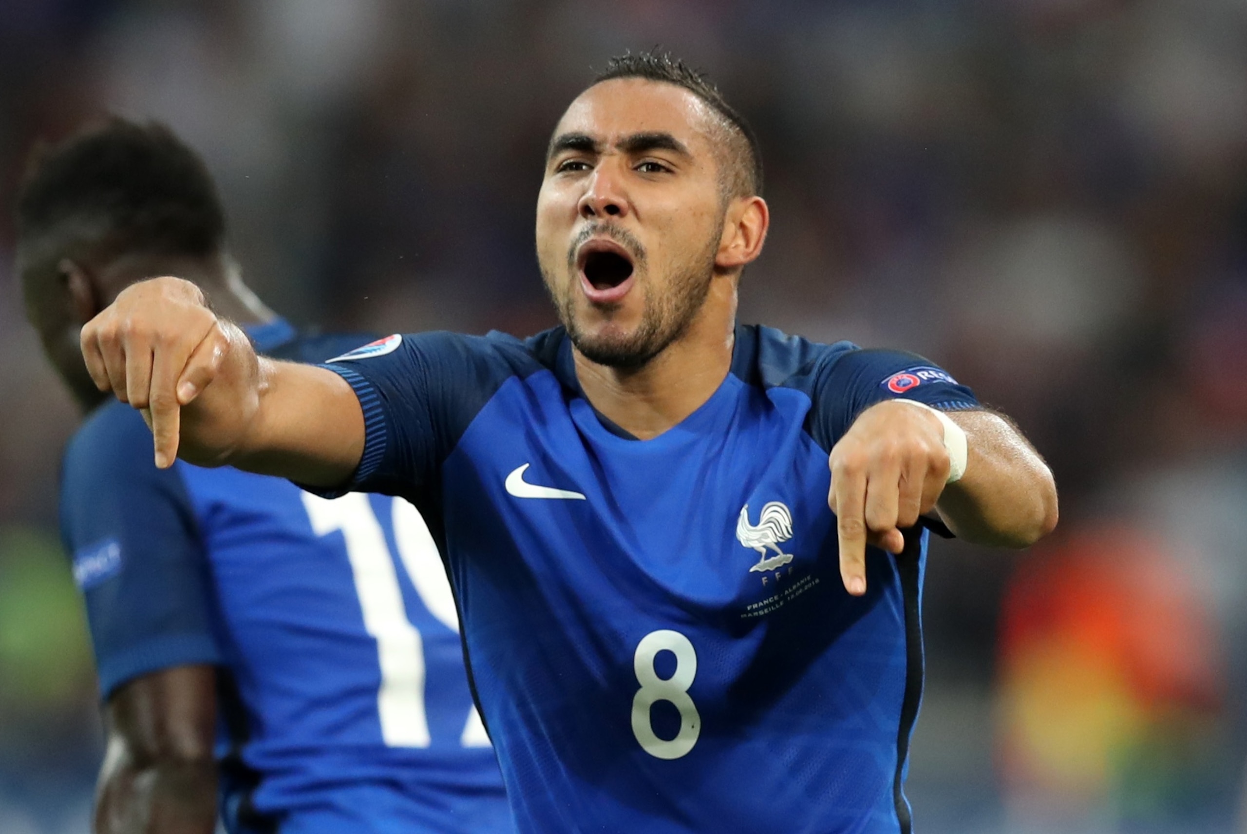 France's Dimitri Payet celebrates after scoring his side’s second goal during the Euro 2016 Group A soccer match between France and Albania at the Velodrome stadium in Marseille, France, Wednesday, June 15, 2016. France won 2-0. (AP Photo/Thanassis Stavrakis)