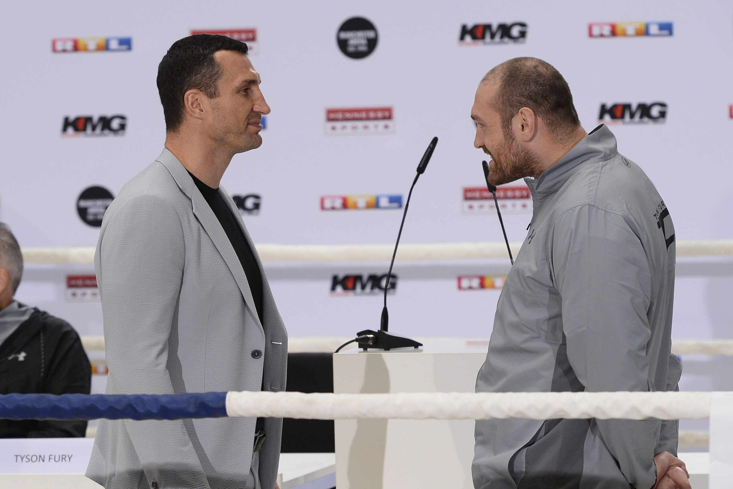 Ukrainian boxer Wladimir Klitschko (L) and British heavyweight world champion Tyson Fury give a press conference in Cologne, western Germany, on April 28, 2016, where they talked about their re-match-fight for the title to take place on July 9, 2016 in Manchester, Great Britain.
Hamburg-based Klitschko lost his WBA, IBF, IBO and WBO belts to Britain's Fury on points in Duesseldorf in November 2015 as the Ukrainian suffered his first defeat in more than a decade. / AFP / Roberto Pfeil        (Photo credit should read ROBERTO PFEIL/AFP/Getty Images)