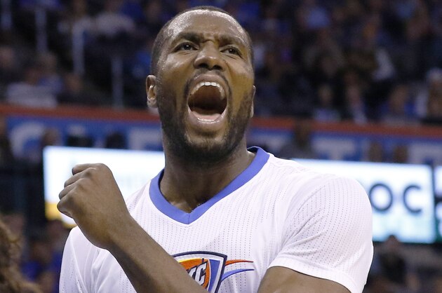 Oklahoma City Thunder forward Serge Ibaka (9) reacts after a play against the Los Angeles Lakers during the first half of an NBA basketball game in Oklahoma City, Monday, April 11, 2016. (AP Photo/Alonzo Adams)
