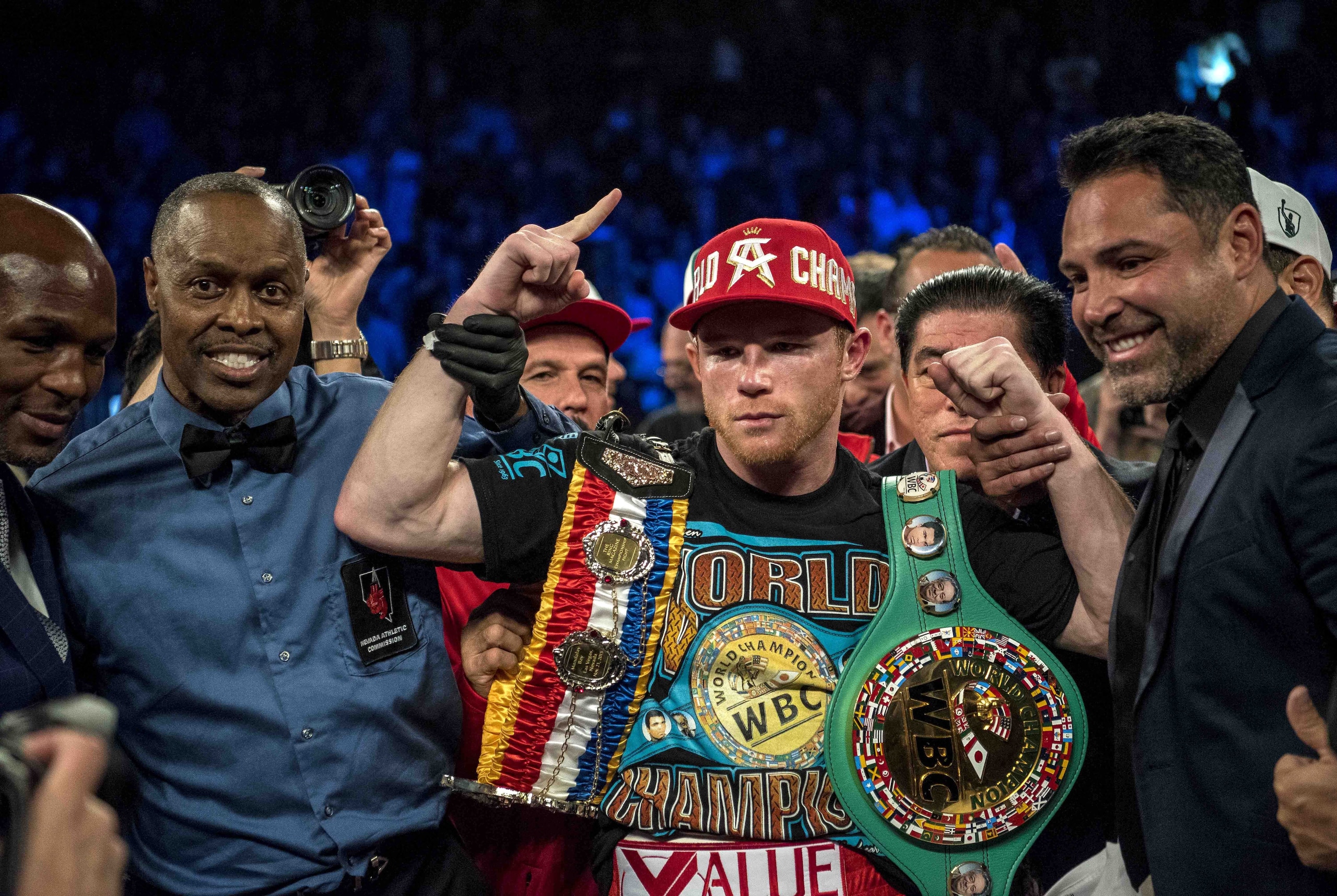 May 7, 2016; Las Vegas, NV, USA;  Canelo Alvarez poses for a photo after defeating Amir Khan during their middleweight boxing title fight at T-Mobile Arena. Mandatory Credit: Joshua Dahl-USA TODAY Sports