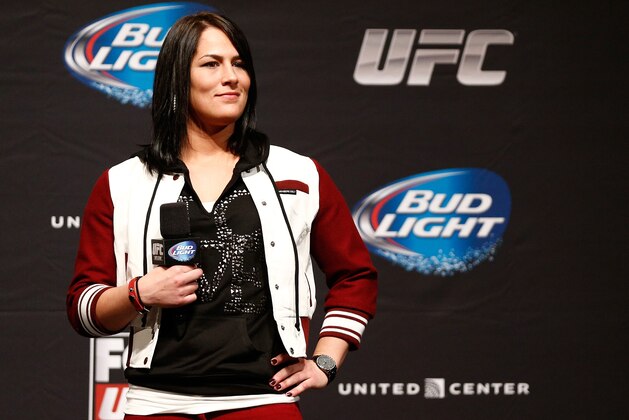 CHICAGO, IL - JANUARY 24:  UFC women's bantamweight contender Jessica Eye interacts with fans during a Q&A session before the UFC weigh-in event at the Chicago Theatre on January 24, 2014 in Chicago, Illinois. (Photo by Josh Hedges/Zuffa LLC/Zuffa LLC via Getty Images)