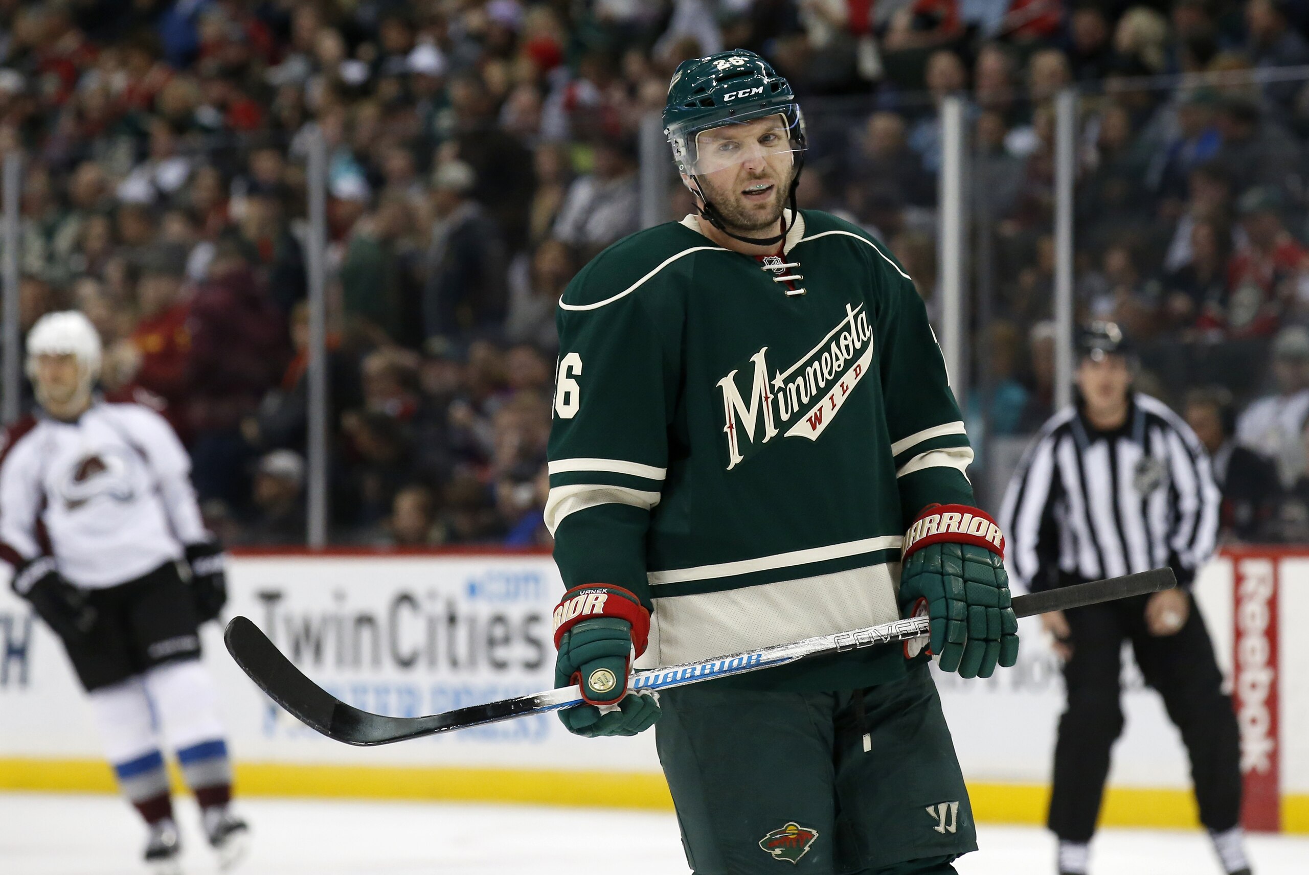 Minnesota Wild left wing Thomas Vanek, of Austria, gets into position for a face-off during the second period of an NHL hockey game against the Colorado Avalanche in St. Paul, Minn., Saturday, Dec. 5, 2015. (AP Photo/Ann Heisenfelt)