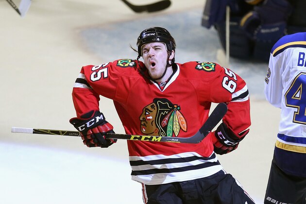 CHICAGO, IL - APRIL 23:  Andrew Shaw #65 of the Chicago Blackhawks celebrates his third period goal against the St. Louis Blues in Game Six of the Western Conference First Round during the 2016 NHL Stanley Cup Playoffs at the United Center on April 23, 2016 in Chicago, Illinois. The Blackhawks defeated the Blues 6-3.  (Photo by Jonathan Daniel/Getty Images)