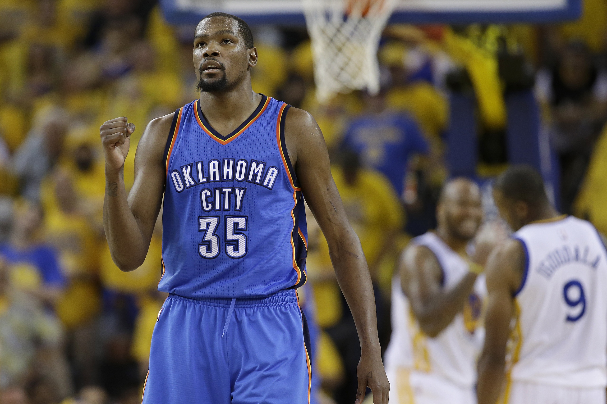 Oklahoma City Thunder forward Kevin Durant (35) reacts during the second half of Game 7 of the NBA basketball Western Conference finals against the Golden State Warriors in Oakland, Calif., Monday, May 30, 2016. (AP Photo/Marcio Jose Sanchez)