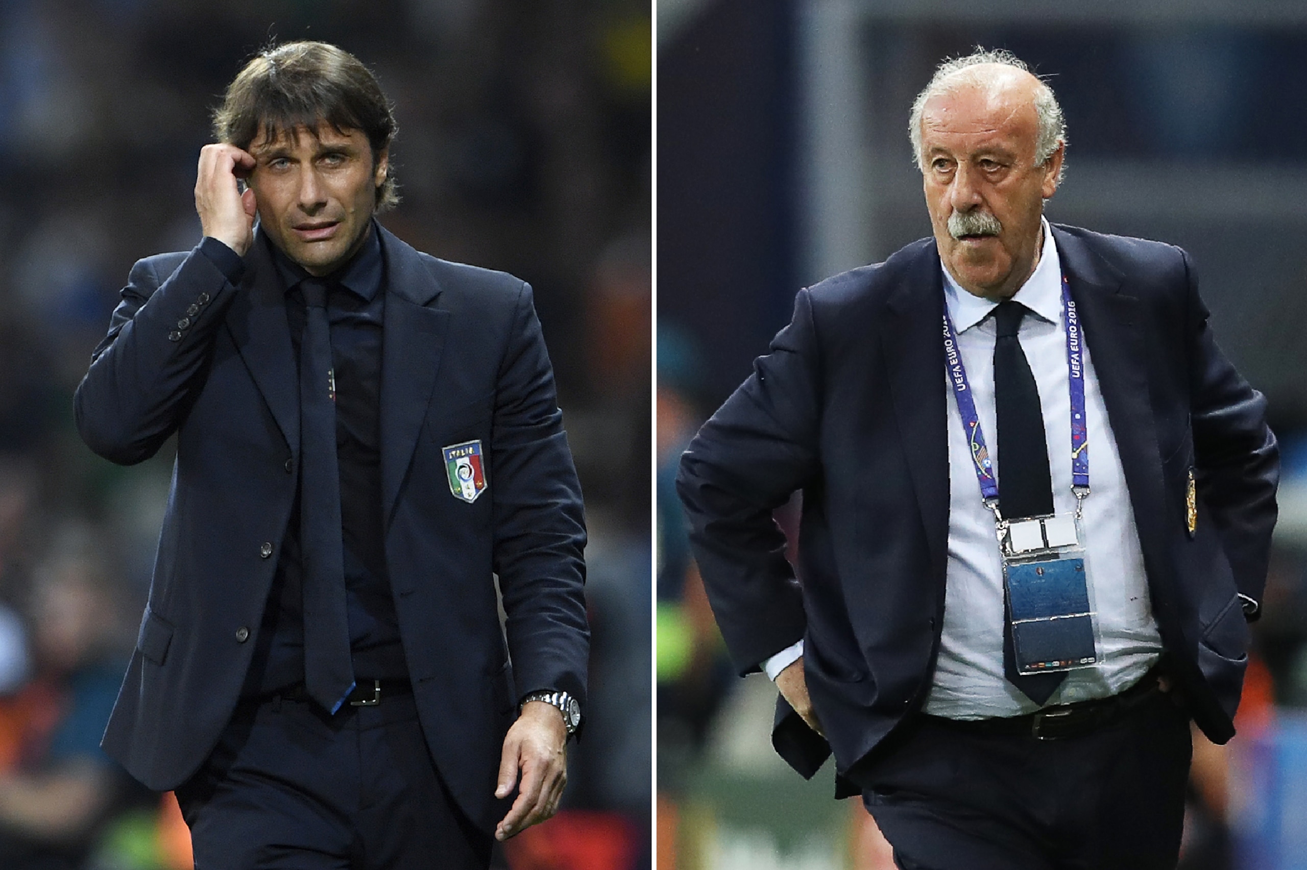 (COMBO) This combination of two file pictures created on June 24, 2016 shows Italy's coach Antonio Conte (L) in Villeneuve-d'Ascq on June 22, 2016, and Spain's coach Vicente Del Bosque in Nice on June 17, 2016.
Italy will face Spain in their Euro 2016 round of 16 football match in Saint-Denis on June 27, 2016.

 / AFP / MIGUEL MEDINA AND Valery HACHE        (Photo credit should read MIGUEL MEDINA,VALERY HACHE/AFP/Getty Images)