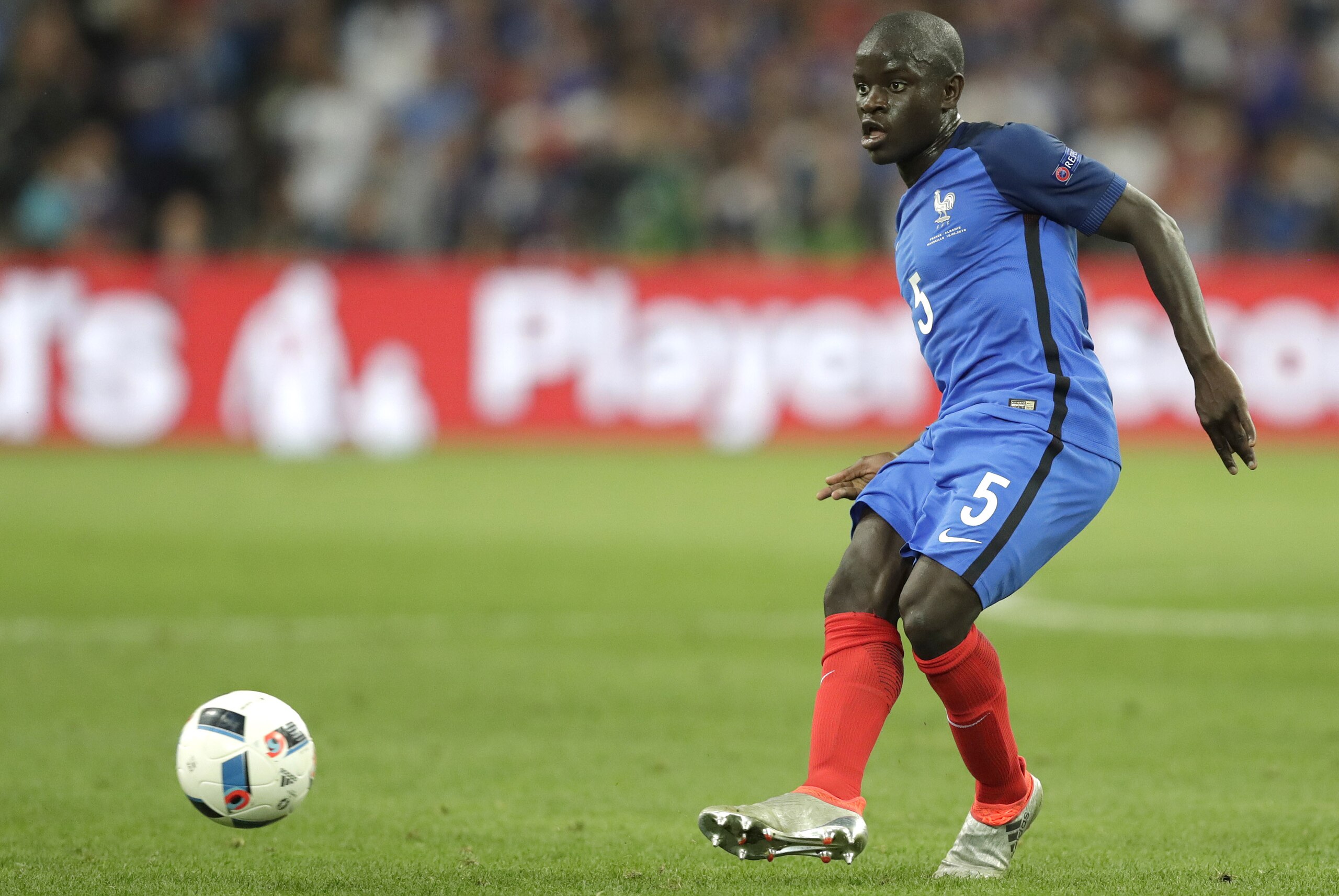 France's N'Golo Kante kicks the ball during the Euro 2016 Group A soccer match between France and Albania at the Velodrome stadium in Marseille, France, Wednesday, June 15, 2016. (AP Photo/Ariel Schalit)