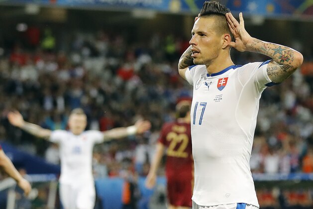 Slovakia's Marek Hamsik during the Euro 2016 Group B soccer match between Russia and Slovakia at the Pierre Mauroy stadium in Villeneuve d’Ascq, near Lille, France, Wednesday, June 15, 2016. (AP Photo/Frank Augstein)