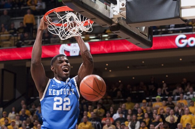 Kentucky's Alex Poythress dunks the ball late in the second half of an NCAA college basketball game against Missouri Saturday, Feb. 1, 2014, in Columbia, Mo. Kentucky won the game 84-79. (AP Photo/L.G. Patterson)