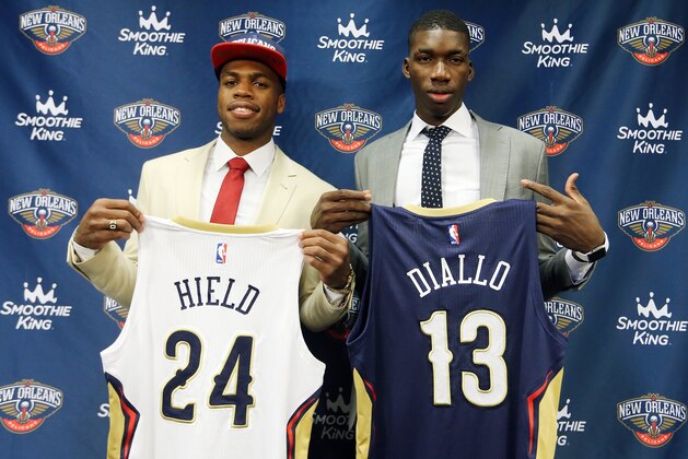 NEW ORLEANS, LA - JUNE 24:  The New Orleans Pelicans introduce the team's 2016 Draft selections Buddy Hield and Cheick Diallo on June 24, 2016 at the New Orleans Practice Facility in New Orleans, Louisiana. NOTE TO USER: User expressly acknowledges and agrees that, by downloading and or using this Photograph, user is consenting to the terms and conditions of the Getty Images License Agreement. Mandatory Copyright Notice: Copyright 2015 NBAE (Photo by Layne Murdoch/NBAE via Getty Images