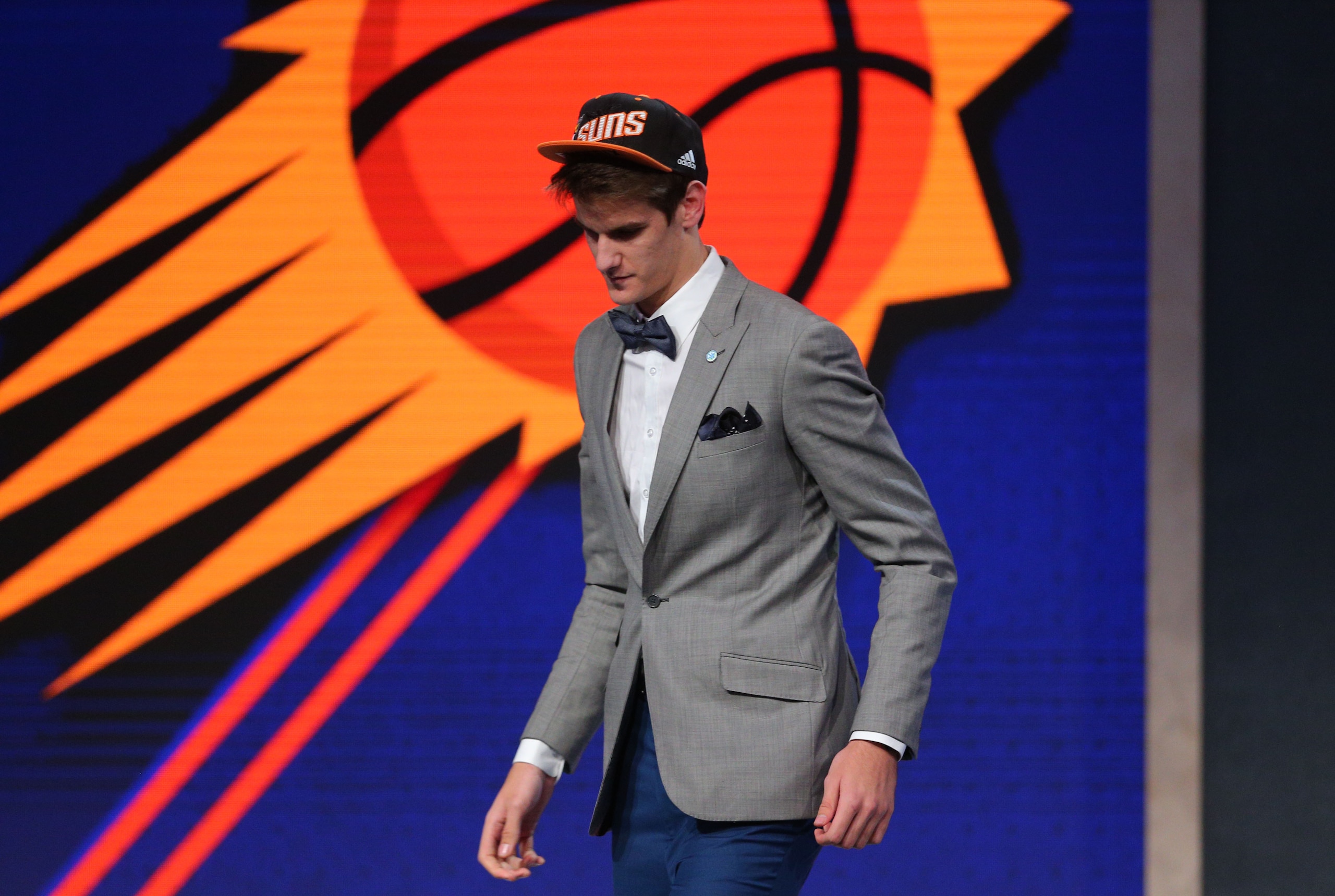 Jun 23, 2016; New York, NY, USA; Dragan Bender walks off the stage after being selected as the number four overall pick to the Phoenix Suns in the first round of the 2016 NBA Draft at Barclays Center. Mandatory Credit: Brad Penner-USA TODAY Sports