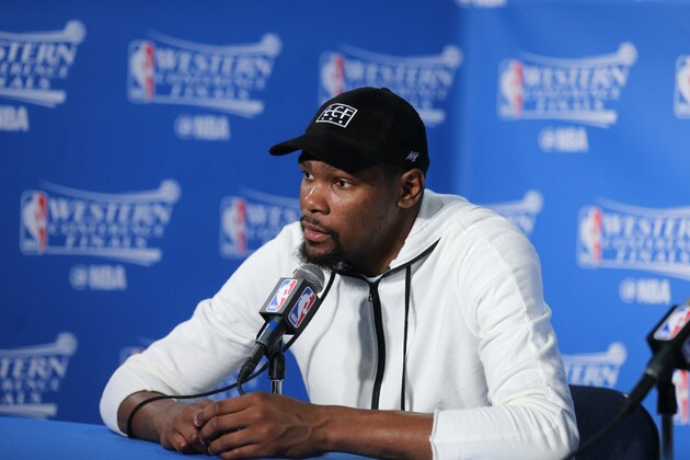 OAKLAND, CA - MAY 30:  Kevin Durant #35 of the Oklahoma City Thunder talks to the media after Game Seven of the Western Conference Finals against the Golden State Warriors during the 2016 NBA Playoffs on May 30, 2016 at Oracle Arena in Oakland, California. NOTE TO USER: User expressly acknowledges and agrees that, by downloading and or using this photograph, user is consenting to the terms and conditions of Getty Images License Agreement. Mandatory Copyright Notice: Copyright 2016 NBAE (Photo by Layne Murdoch/NBAE via Getty Images)
