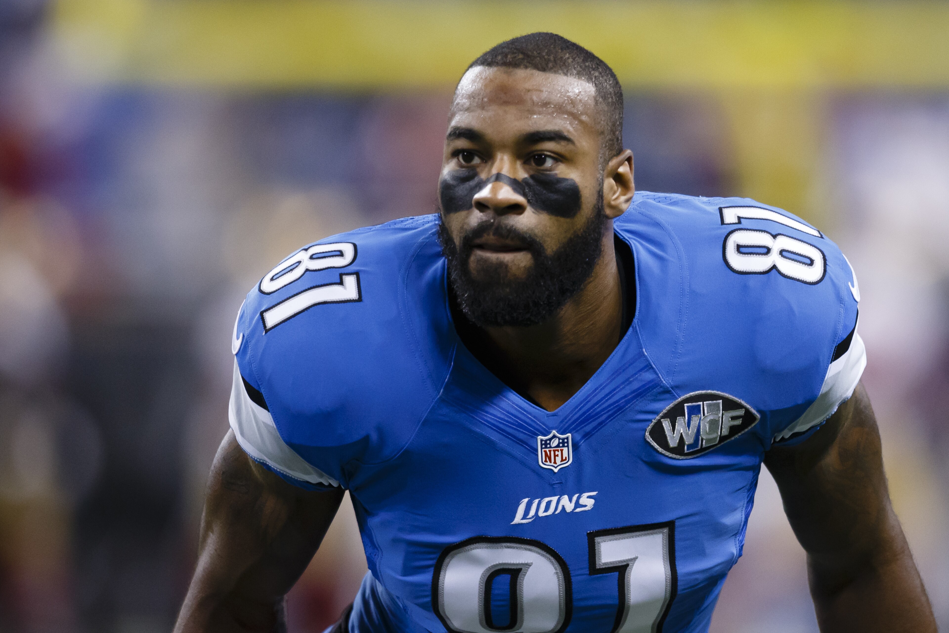 Detroit Lions wide receiver Calvin Johnson (81) during warm ups before an NFL football game against the San Francisco 49ers at Ford Field in Detroit, Sunday, Dec. 27, 2015. (AP Photo/Rick Osentoski) Detroit Lions wide receiver Calvin Johnson (81) during warm ups before an NFL football game against the San Francisco 49ers at Ford Field in Detroit, Sunday, Dec. 27, 2015. (AP Photo/Rick Osentoski)