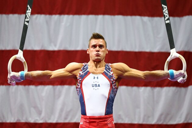 ST. LOUIS, MO - JUNE 25: Sam Mikulak competes on the rings during day two of the 2016 Men's Gymnastics Olympic Trials at Chafitz Arena on June 25, 2016 in St. Louis, Missouri.  (Photo by Dilip Vishwanat/Getty Images)