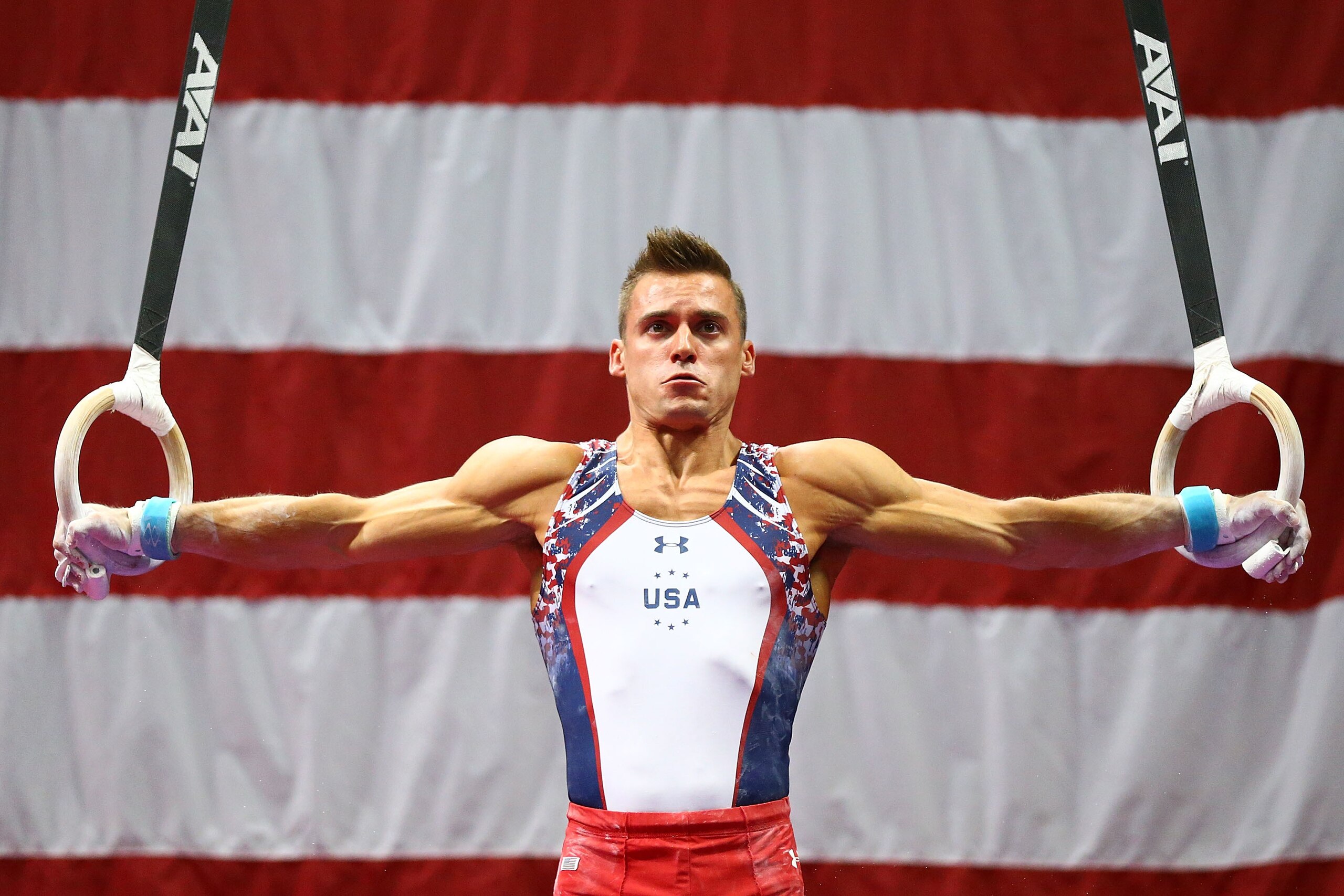 ST. LOUIS, MO - JUNE 25: Sam Mikulak competes on the rings during day two of the 2016 Men's Gymnastics Olympic Trials at Chafitz Arena on June 25, 2016 in St. Louis, Missouri.  (Photo by Dilip Vishwanat/Getty Images)
