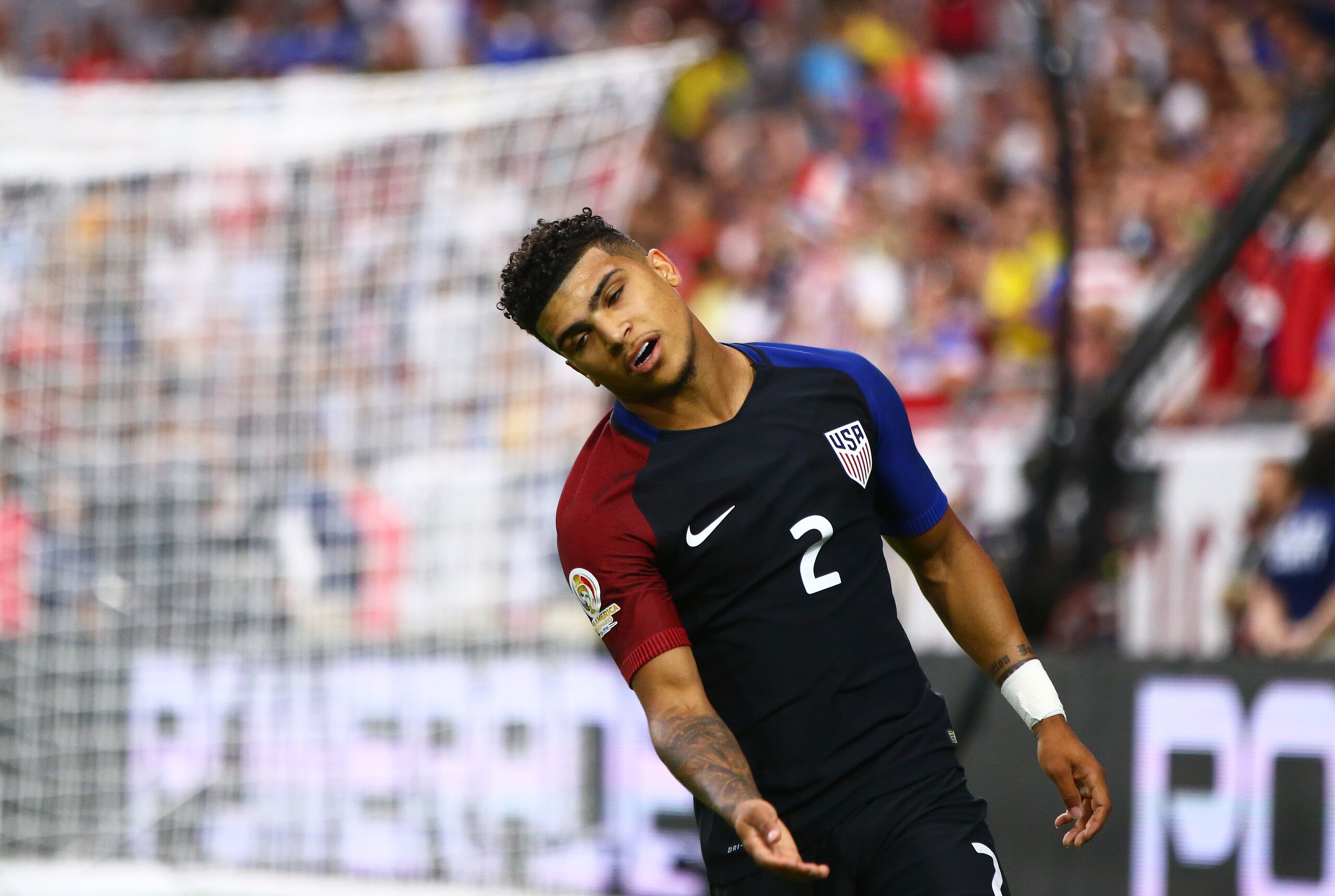 Jun 25, 2016; Glendale, AZ, USA; United States midfielder DeAndre Yedlin reacts after missing a shot on goal in the second half against Colombia during the third place match of the 2016 Copa America Centenario soccer tournament at University of Phoenix Stadium. Mandatory Credit: Mark J. Rebilas-USA TODAY Sports