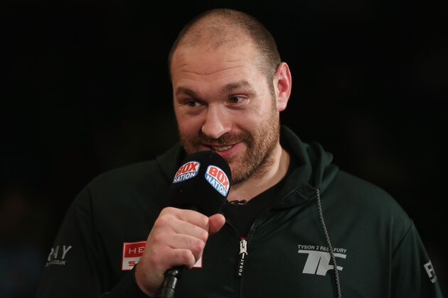 LONDON, ENGLAND - APRIL 30:  Heaveyweight Champion Tyson Fury is interviewed ahead of the vacant WBO Intercontinental Heavyweight Championship contest between Hughie Fury and Fred Kassi at Copper Box Arena on April 30, 2016 in London, England.  (Photo by Alex Morton/Getty Images)