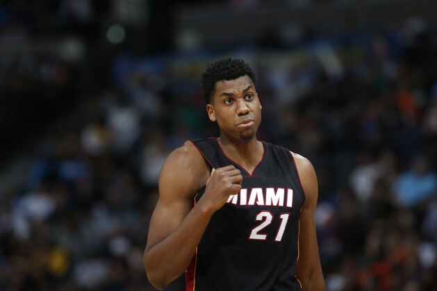 Miami Heat center Hassan Whiteside (21) during the second half of an NBA basketball game Friday, Jan. 15, 2016, in Denver. Miami won 98-95. (AP Photo/David Zalubowski)