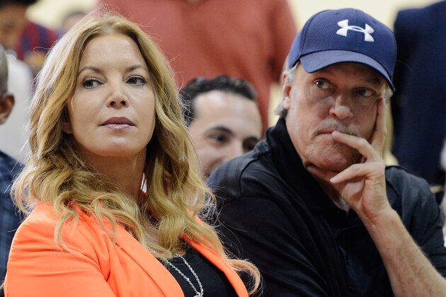 EL SEGUNDO, CA - AUGUST 10:  Jim Buss and his sister Jeanie Buss of the Los Angeles Lakers attend a news conference where Dwight Howard was introduced as the newest member of the team at the Toyota Sports Center on August 10, 2012 in El Segundo, California. The Lakers acquired Howard from Orlando Magic in a four-team trade. In addition Lakers will receive Chris Duhon and Earl Clark from the Magic.  (Photo by Kevork Djansezian/Getty Images)