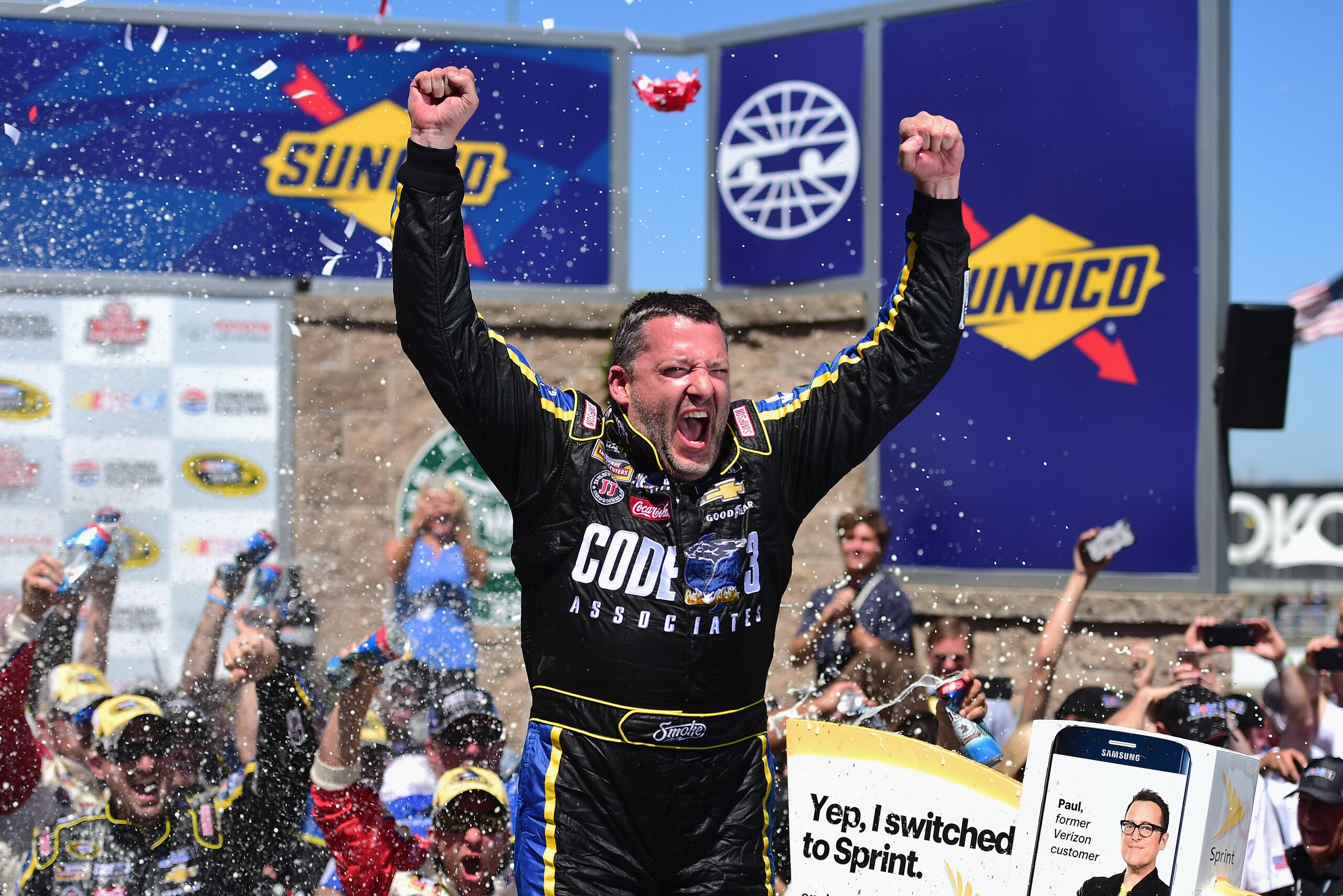 SONOMA, CA - JUNE 26: Tony Stewart, driver of the #14 Code 3 Assoc/Mobil 1 Chevrolet, celebrates in victory lane after winning the NASCAR Sprint Cup Series Toyota/Save Mart 350 at Sonoma Raceway on June 26, 2016 in Sonoma, California. (Photo by Jared C. Tilton/Getty Images) SONOMA, CA - JUNE 26: Tony Stewart, driver of the #14 Code 3 Assoc/Mobil 1 Chevrolet, celebrates in victory lane after winning the NASCAR Sprint Cup Series Toyota/Save Mart 350 at Sonoma Raceway on June 26, 2016 in Sonoma, California. (Photo by Jared C. Tilton/Getty Images)